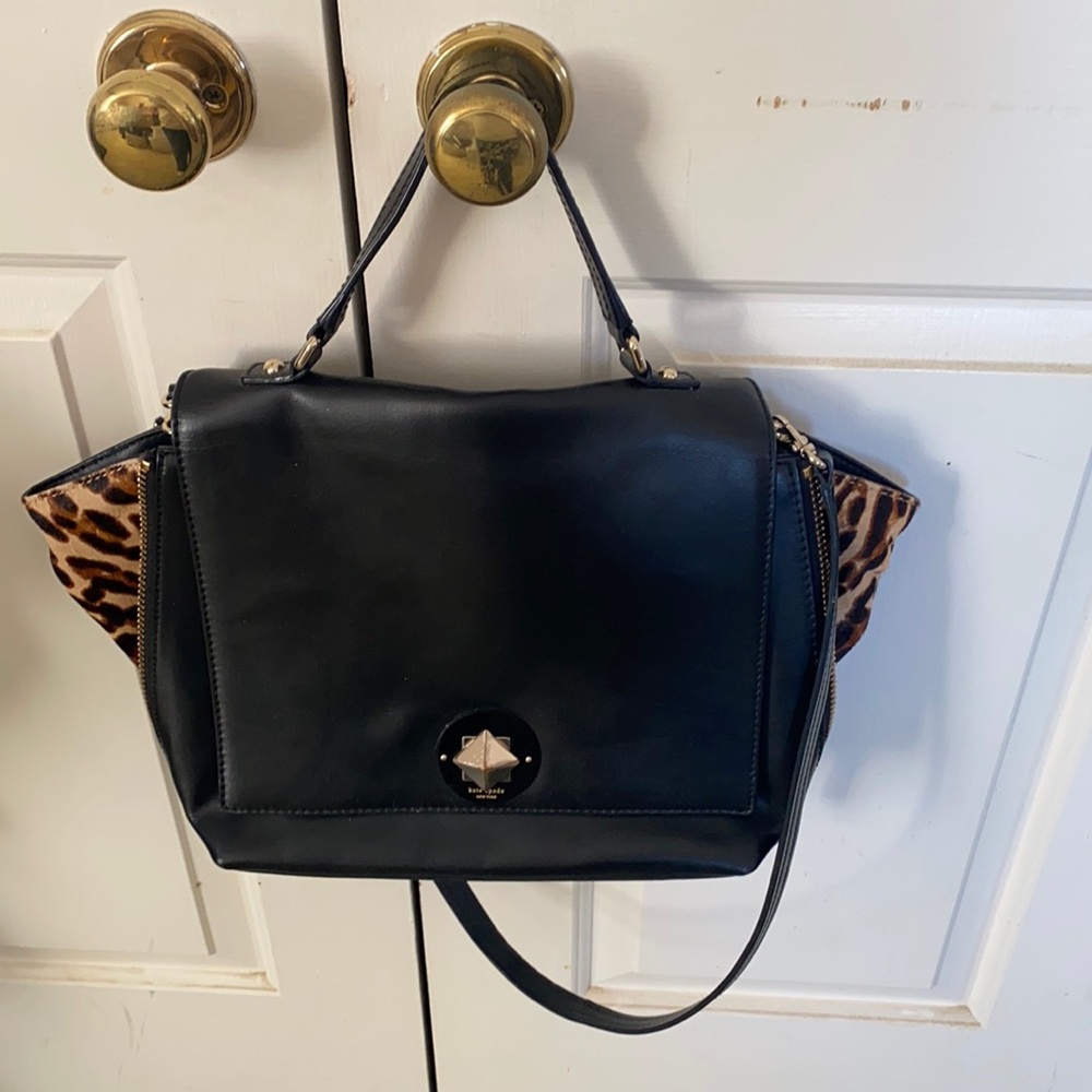 kate spade black leather purse with leopard accents.